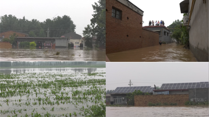 洪水过境淹没村庄，救援现场，淹没庄稼