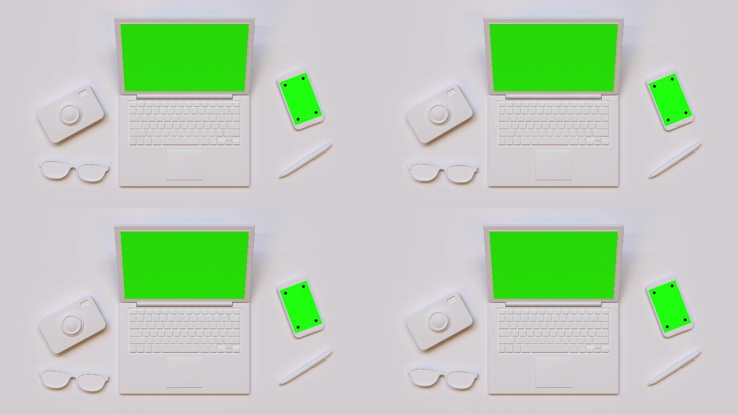 白色电脑绿色屏幕特效视频