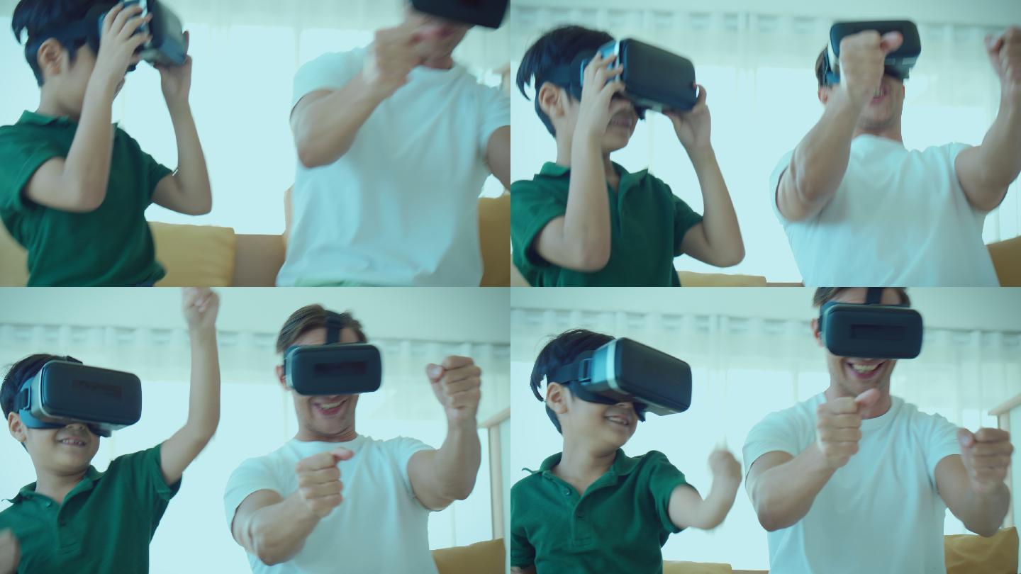 父亲和儿子在VR耳机中玩