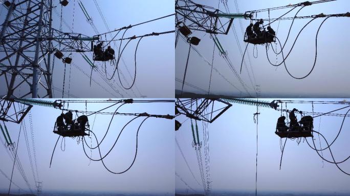 特高压电线安装高空作业航拍电网工人施工