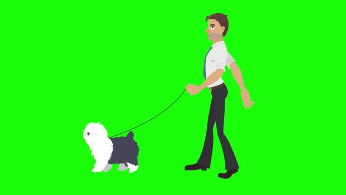 带狗的人走在绿色背景中