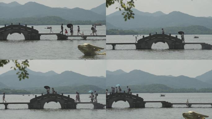 杭州夏天西湖景区人群游客小桥