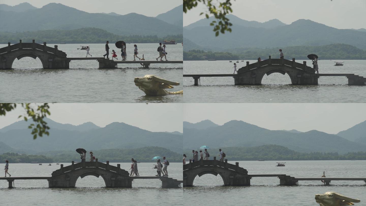 杭州夏天西湖景区人群游客小桥