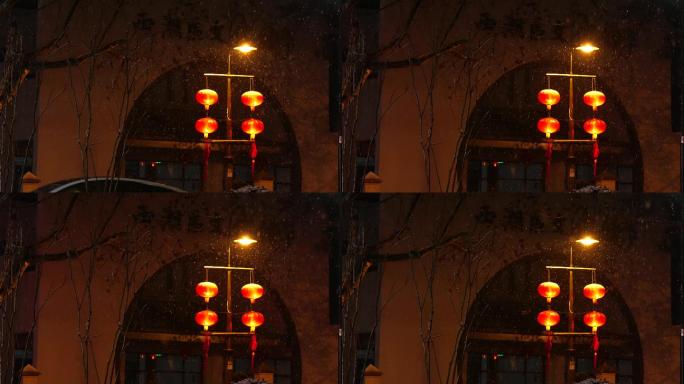 杭州 下雪天 路灯 街道 灯笼