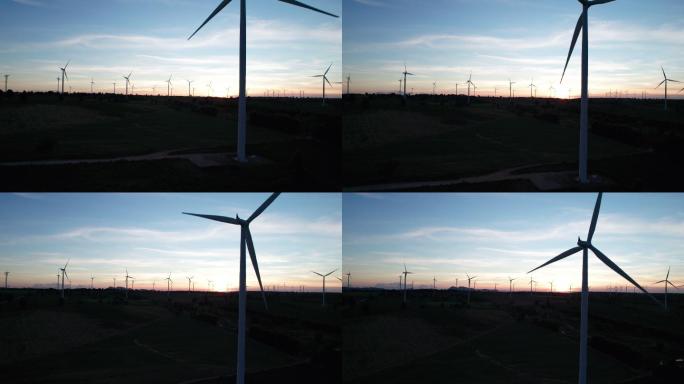 风力发电场的日落风车风能风电双碳碳减排