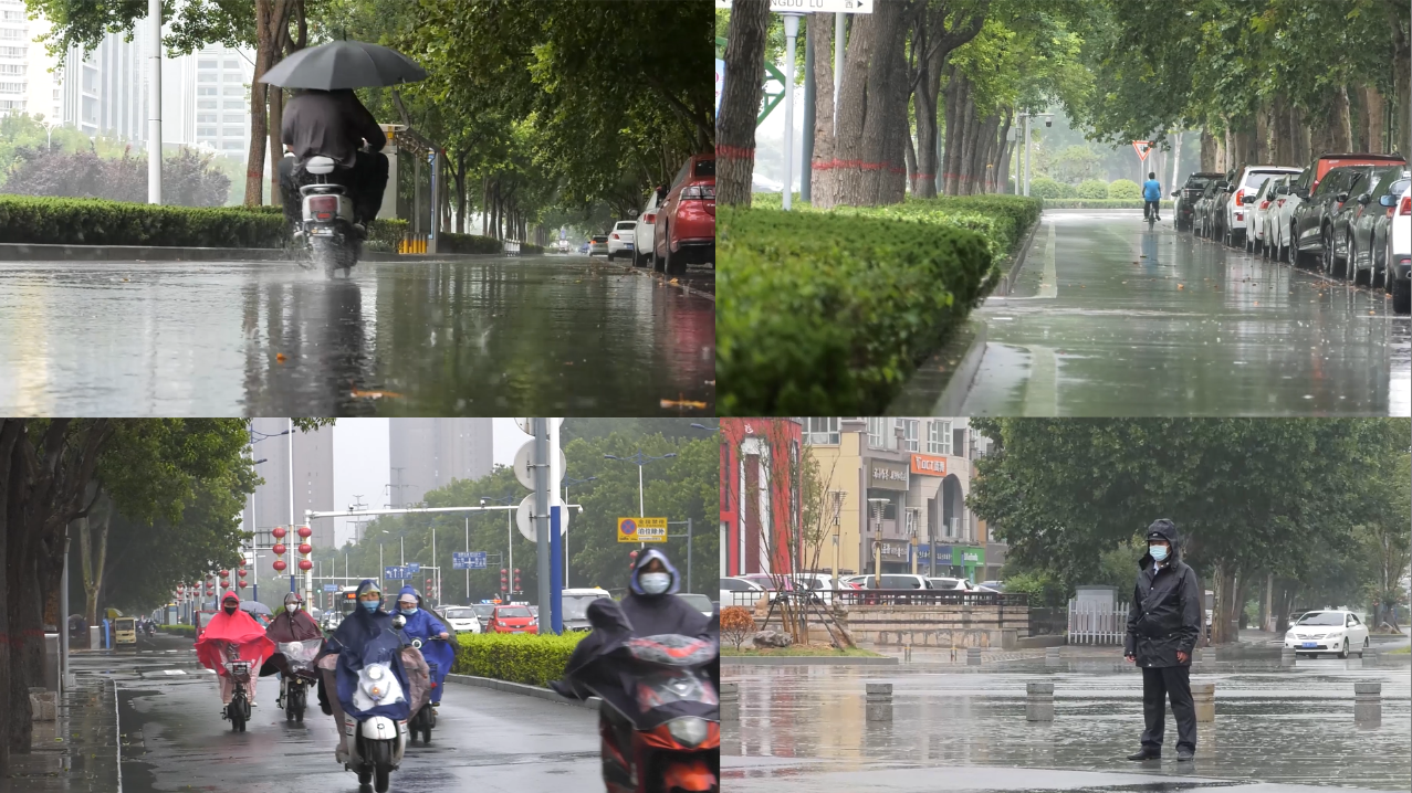下雨中的城市，雨中行人，雨中执勤