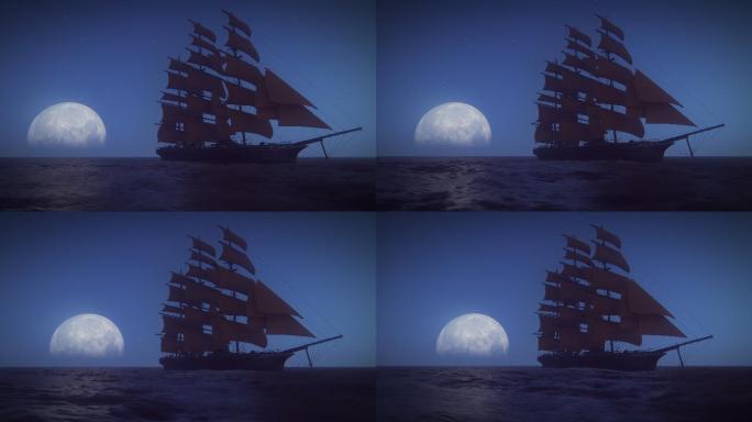 大船3d渲染帆船月亮夜景