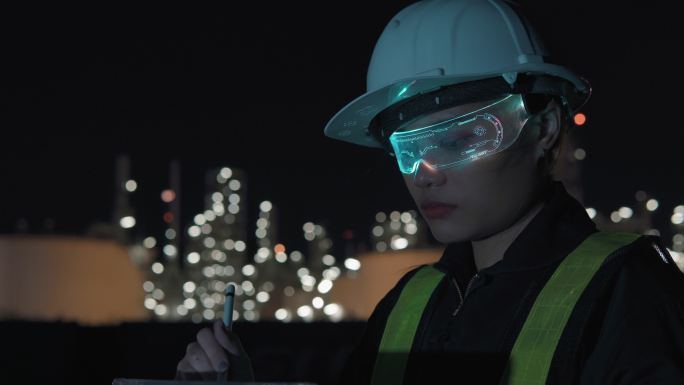 女工程师在石油工业厂戴着虚拟现实眼镜工作