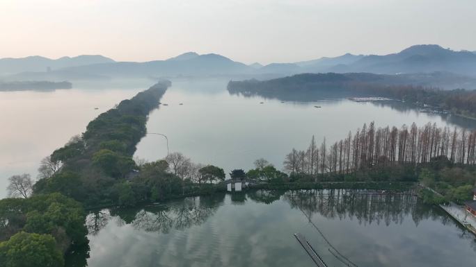 杭州 曲院风荷 航拍 湖面 树林 小桥