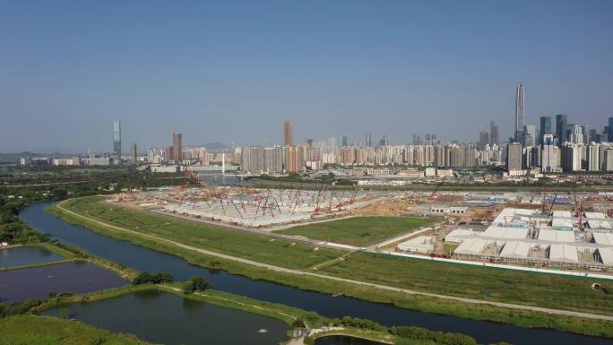 香港河套地区落马洲方舱建设4k航拍