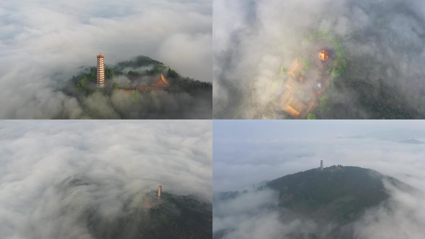 云雾中的仁寿黑龙滩华严塔航拍素材视频