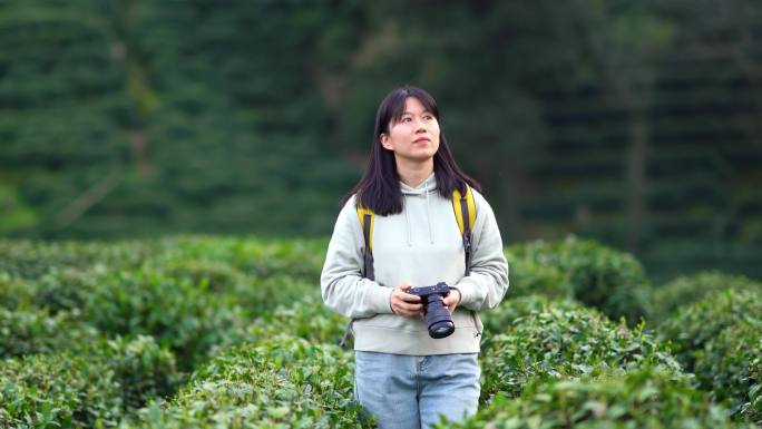 春天阳光下年轻女孩郊游茶园拿相机拍摄景色