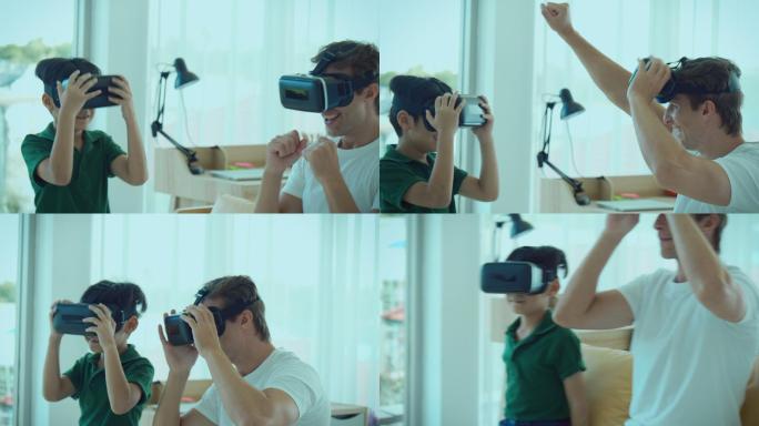 体验VR的父子美国亲子3d游戏穿戴设备