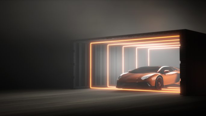 豪华橙色跑车停在车库里