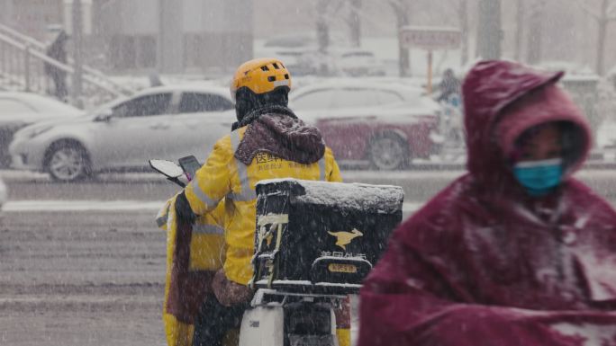 北京风雪中外卖快递骑手 慢动作升格