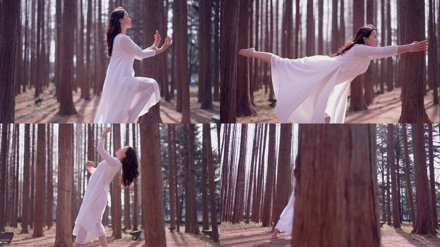森林里跳舞的白衣美女-瑜珈自然