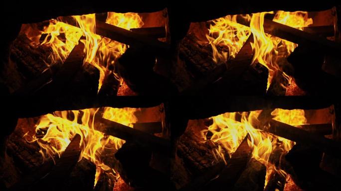 火热的篝火壁炉实拍视频特写镜头炭火碳火