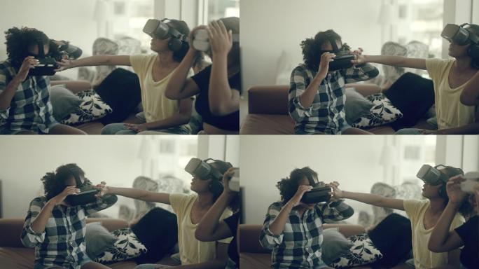女孩们戴上VR眼镜体验3D虚拟游戏
