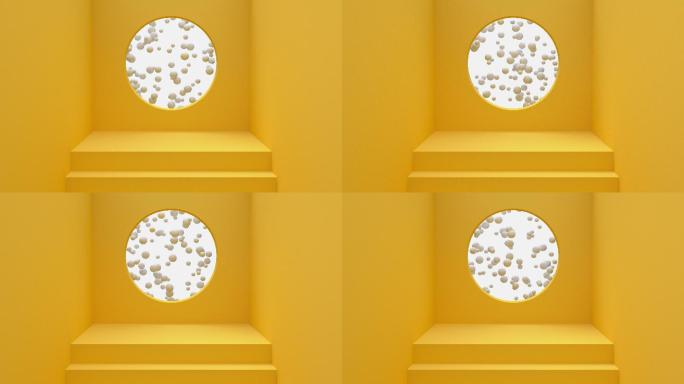 黄色墙面楼梯圆孔球悬浮3d渲染运动