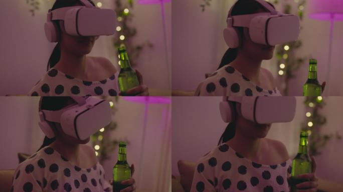 女孩戴上VR眼镜体验3D虚拟游戏