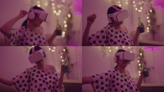 女孩戴上VR眼镜，在体验3D虚拟游戏