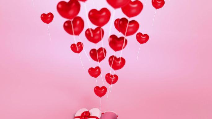 闪亮的红色心形气球和礼品盒