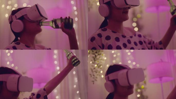 女孩戴上VR眼镜体验3D虚拟游戏