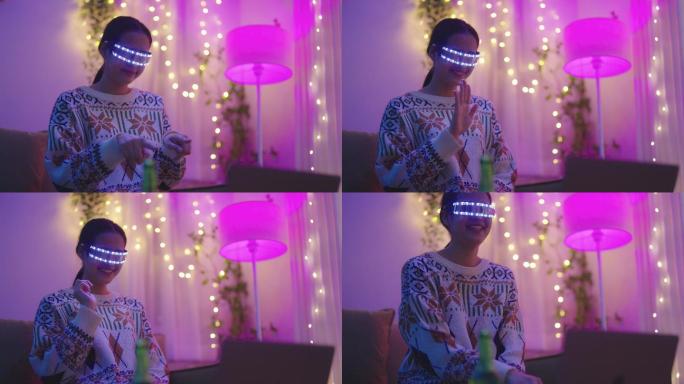 女孩戴上VR护目镜体验3D虚拟游戏