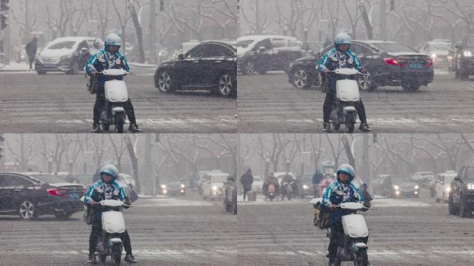 北京风雪中外卖快递骑手 慢动作升格