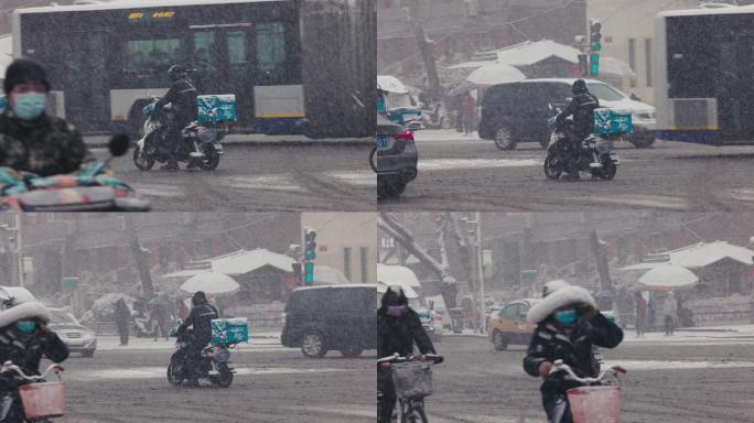 北京风雪中外卖快递骑手 慢动作升格