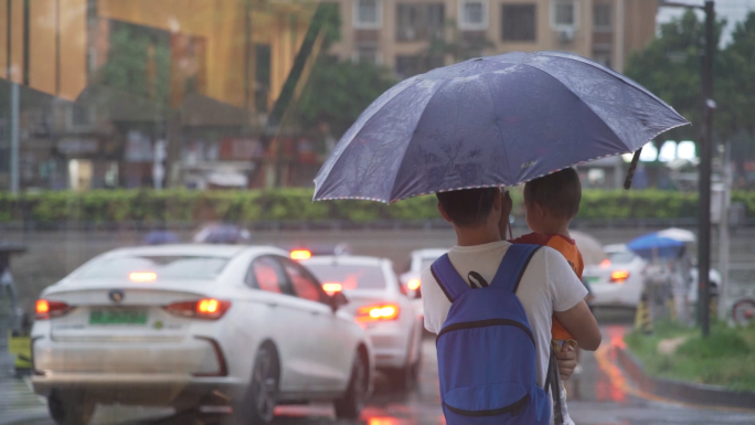 父亲节下雨天爸爸抱着孩子撑伞（升格）