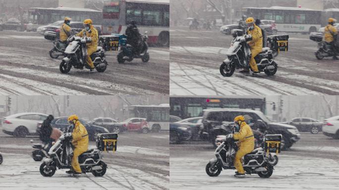 北京风雪中外卖快递骑手 慢动作升格