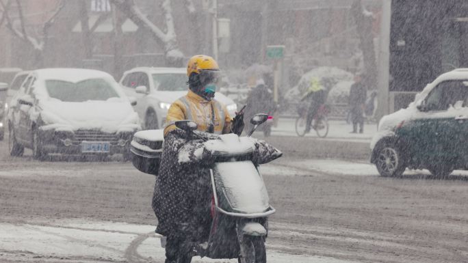 北京风雪中外卖快递骑手 慢动作升格