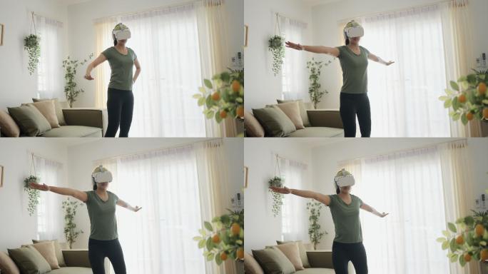 戴着虚拟现实眼镜的女人在家里锻炼