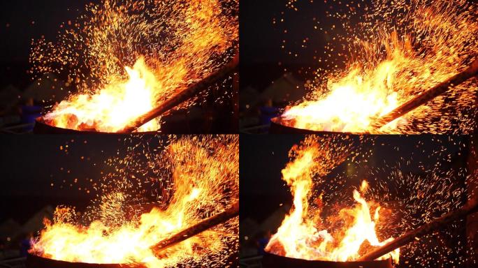 燃烧火焰的慢镜头晚会木材木柴干柴火苗