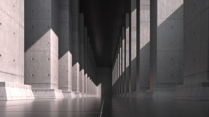空旷走廊巨大水泥台柱子和光影变化动态视频