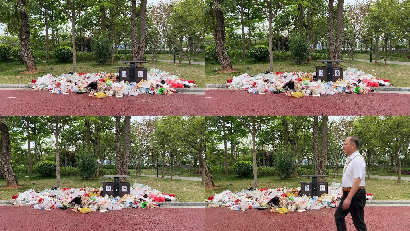 清晨滨江公园里的垃圾成堆过夜垃圾