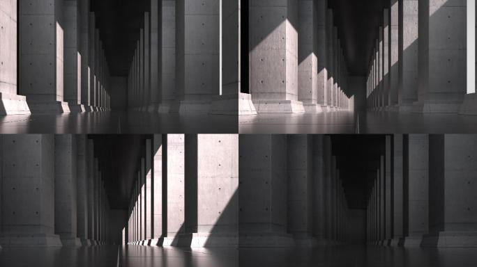 空旷走廊巨大水泥台柱子和光影变化动态视频