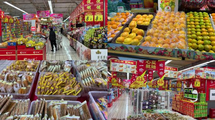 4K实拍超市人们购物商超商品促销水果零食