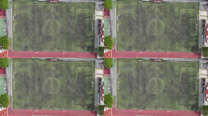 俯拍运动场踢足球比赛