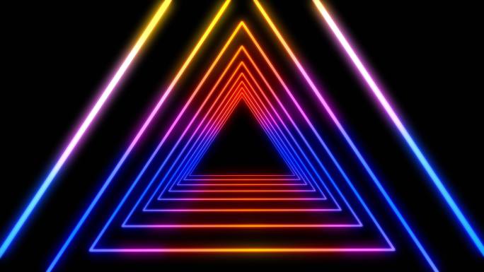 4k未来主义隧道彩色霓虹灯三角形背景与发光线
