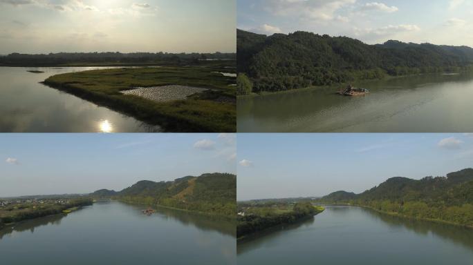 青神岷江航拍河流绿水青山船