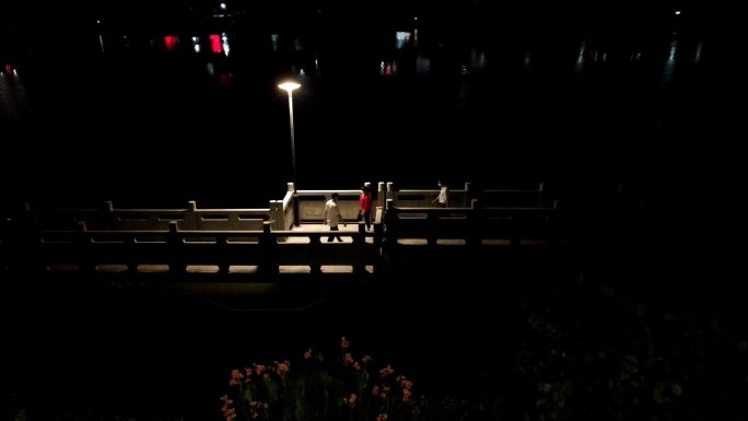 傍晚路灯光下在湖面九曲桥上散步走过的行人