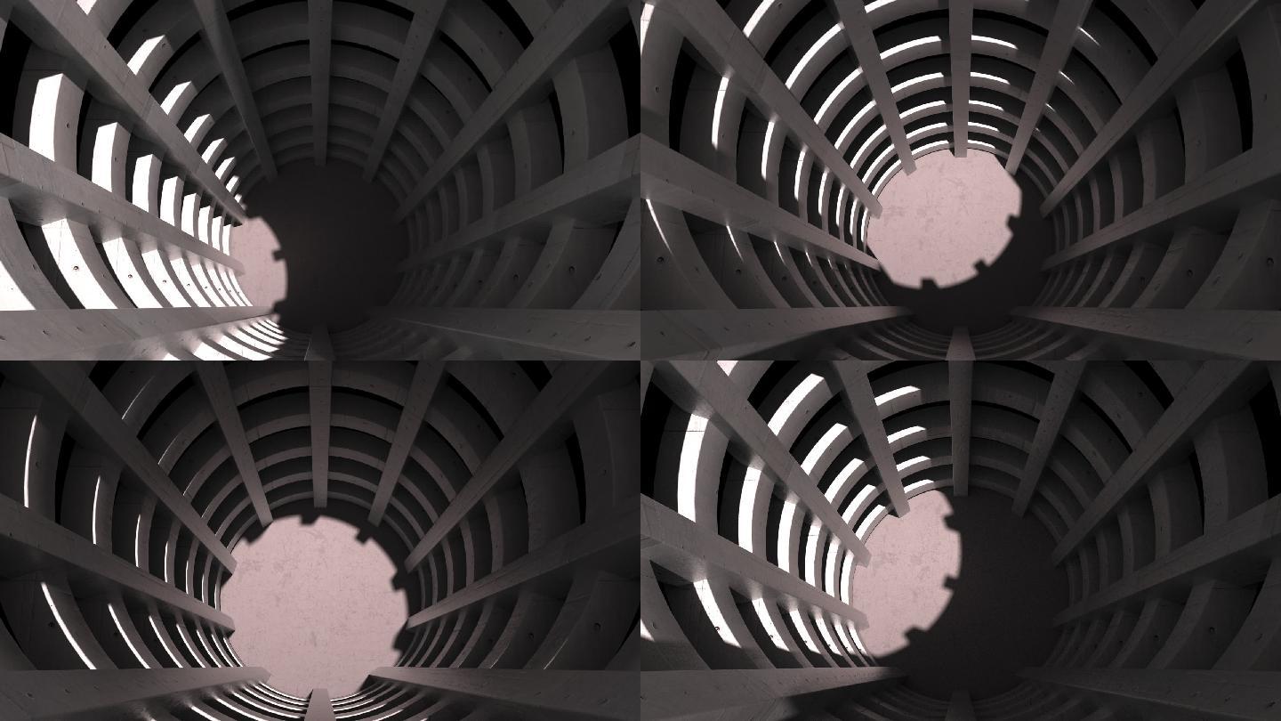 抽象现代圆形建筑深井深基坑光与影动态视频