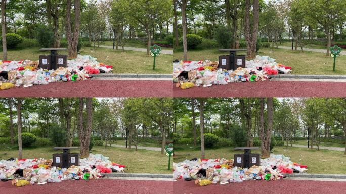 清晨滨江公园里的垃圾成堆垃圾过夜