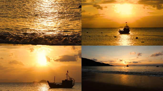 海岛乡海浪、海上落日、渔船、渔业、渔民