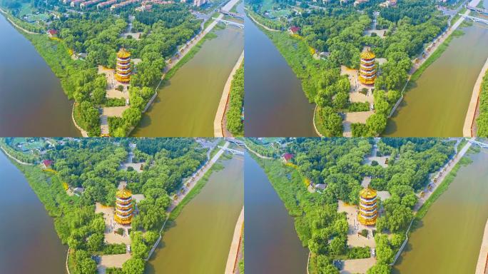 中国吉林省梅河口腾龙阁地标夏春季建筑航拍