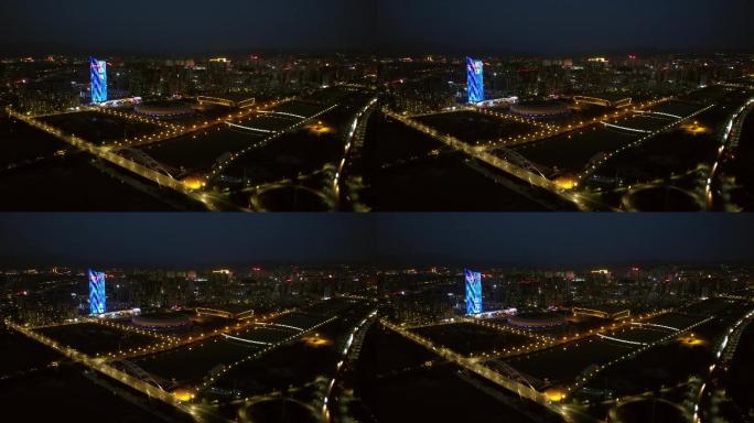 城市夜景鸟瞰晚霞城市亮灯灯光万家灯火A