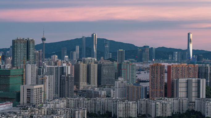 澳门与珠海横琴天际线日落夜景延时4K