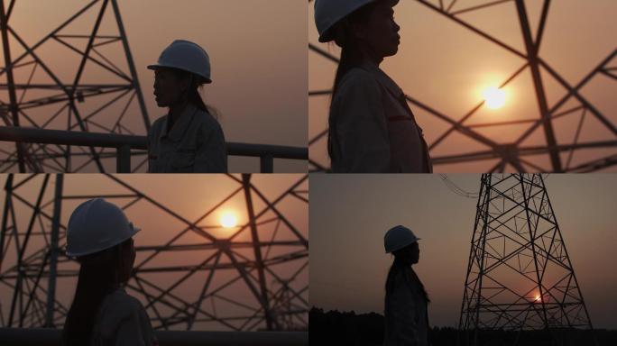 夕阳黄昏下的电力人和电力铁架
